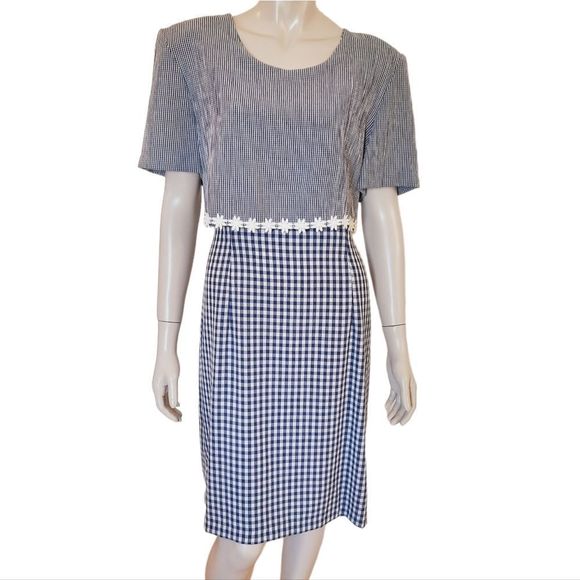 Vintage 90s Kathie Lee Dress Medium Gingham Print Crochet Daisy Trim Cottagecore - Picture 1 of 7